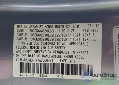 2010 Honda Cr-V Ex-L z USA, uszkodzony, nr VIN JHLRE4H77AC006494